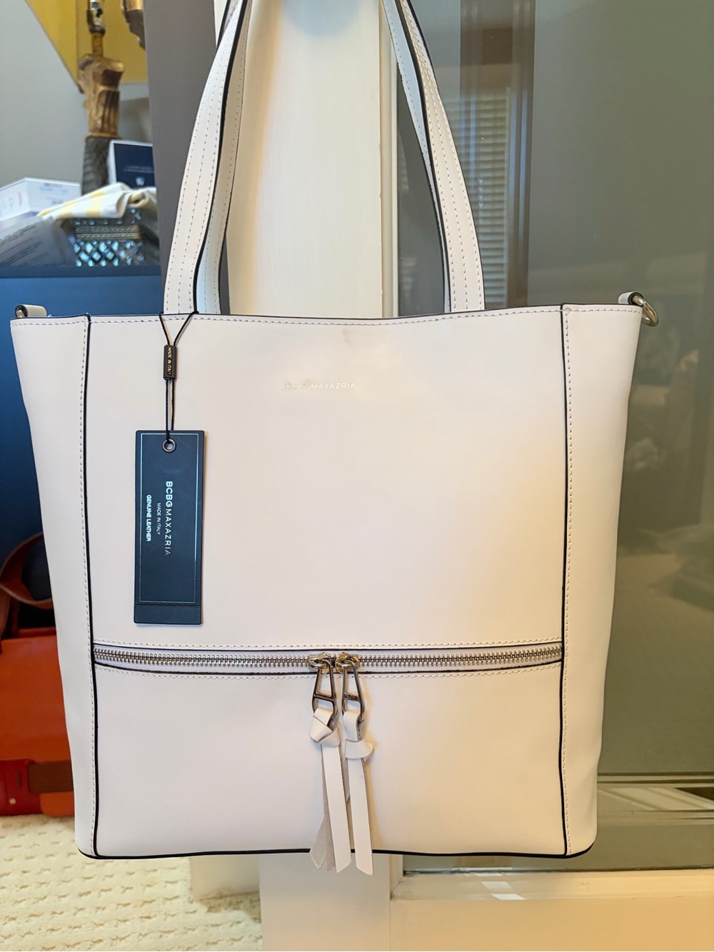 BCBGMaxAzria White Leather Tote with Front Zip Pocket